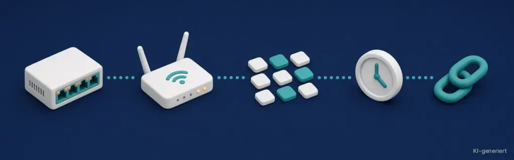 KI-generierte Illustration: Netzwerk-Switch, WLAN-Router, Raster aus weißen und türkisen Kacheln, Uhr und Kettenglied, in einer Reihe über eine gepunktete türkise Linie verbunden, auf dunkelblauem Hintergrund – Titelbild der Kategorie IT & Netzwerk.