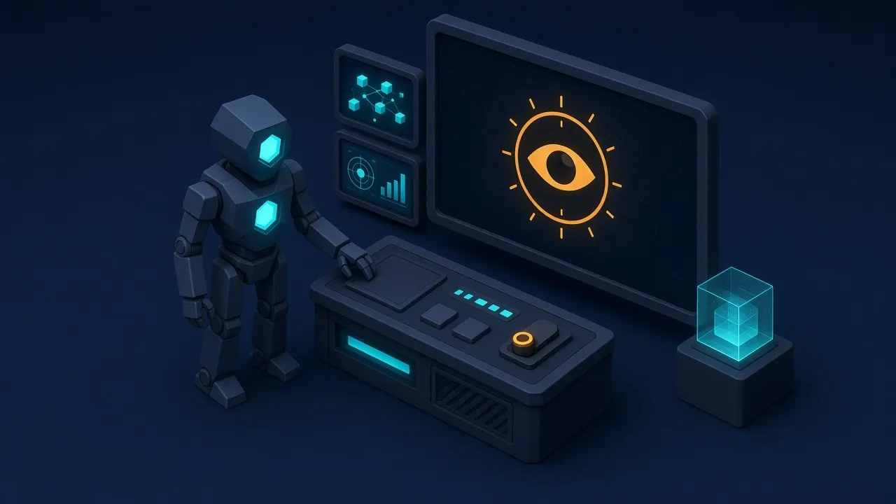 KI-generierte Illustration: Ein gesichtsloser Roboter steht an einem Kontrollpult und schaltet einen Überwachungsmonitor mit Augen-Symbol ab.