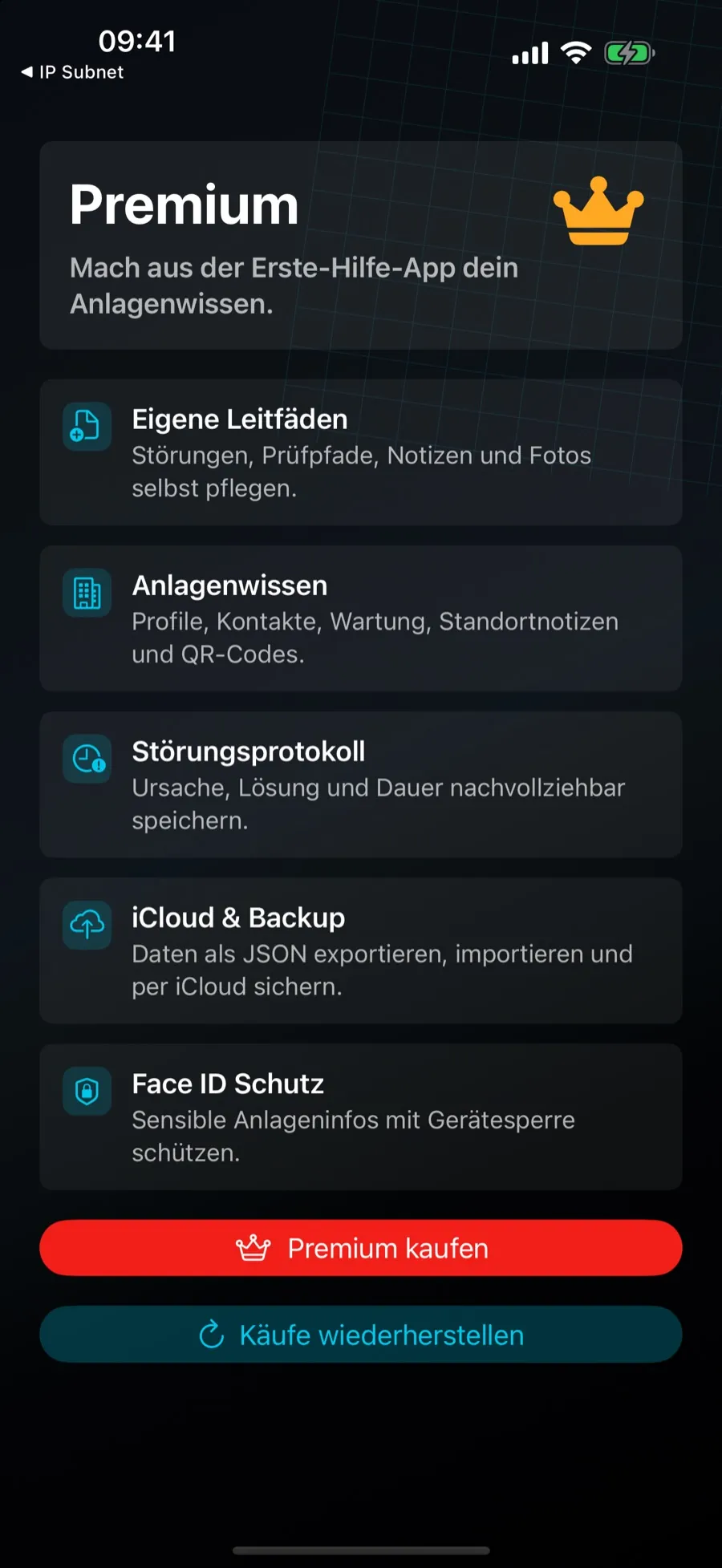 Premium-Übersicht in OT Erste-Hilfe mit eigenen Leitfäden, Anlagenwissen, Störungsprotokoll, iCloud-Backup und Face-ID-Schutz