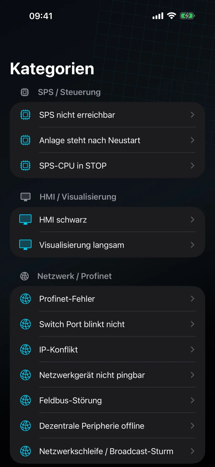 Kategorienliste in OT Erste-Hilfe mit Störungsbildern zu SPS, HMI und Netzwerk/Profinet wie IP-Konflikt, Feldbus-Störung und Netzwerkschleife