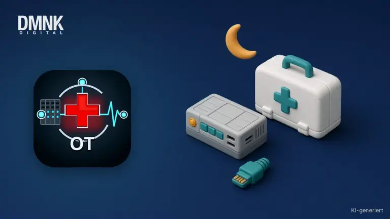 KI-generierte Illustration mit App-Icon: App-Icon von OT Erste-Hilfe auf dunkelblauem Hintergrund, daneben ein Erste-Hilfe-Koffer, ein Steuerungsmodul mit Warnleuchte, ein abgezogener Netzwerkstecker und eine Mondsichel für die Nachtschicht im weichen 3D-Stil.