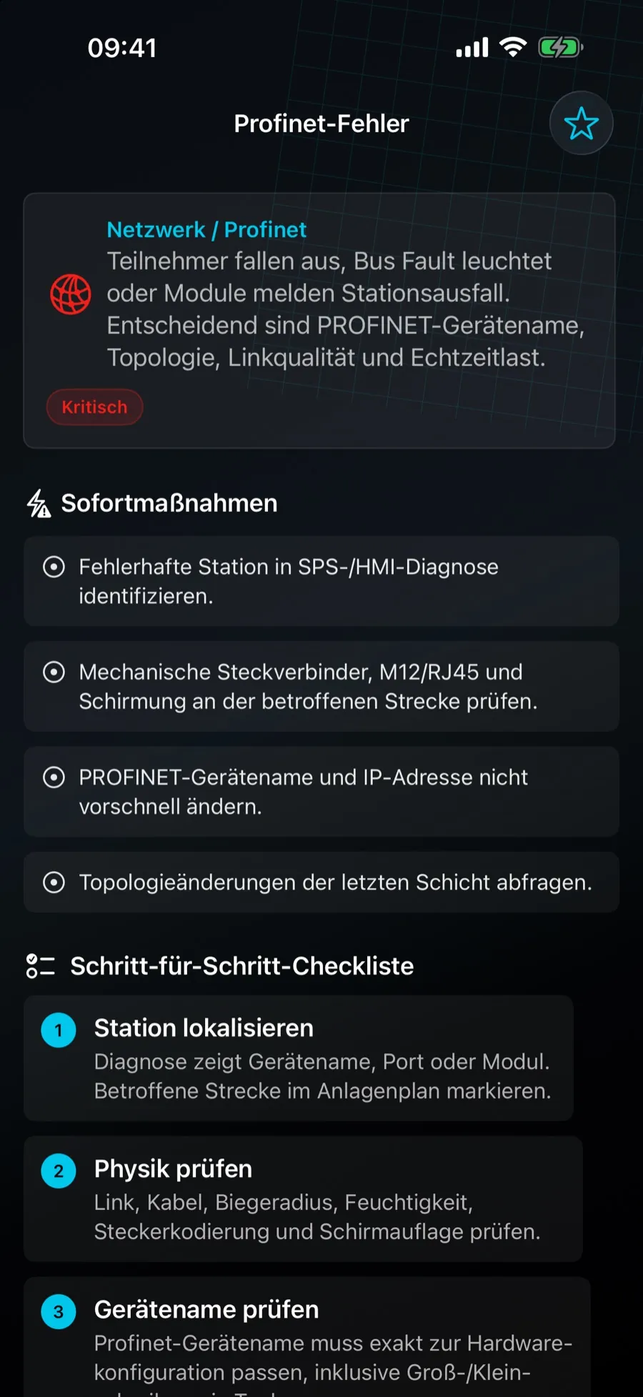 Leitfaden Profinet-Fehler in OT Erste-Hilfe mit Kurzbeschreibung, vier Sofortmaßnahmen und Beginn der Schritt-für-Schritt-Checkliste