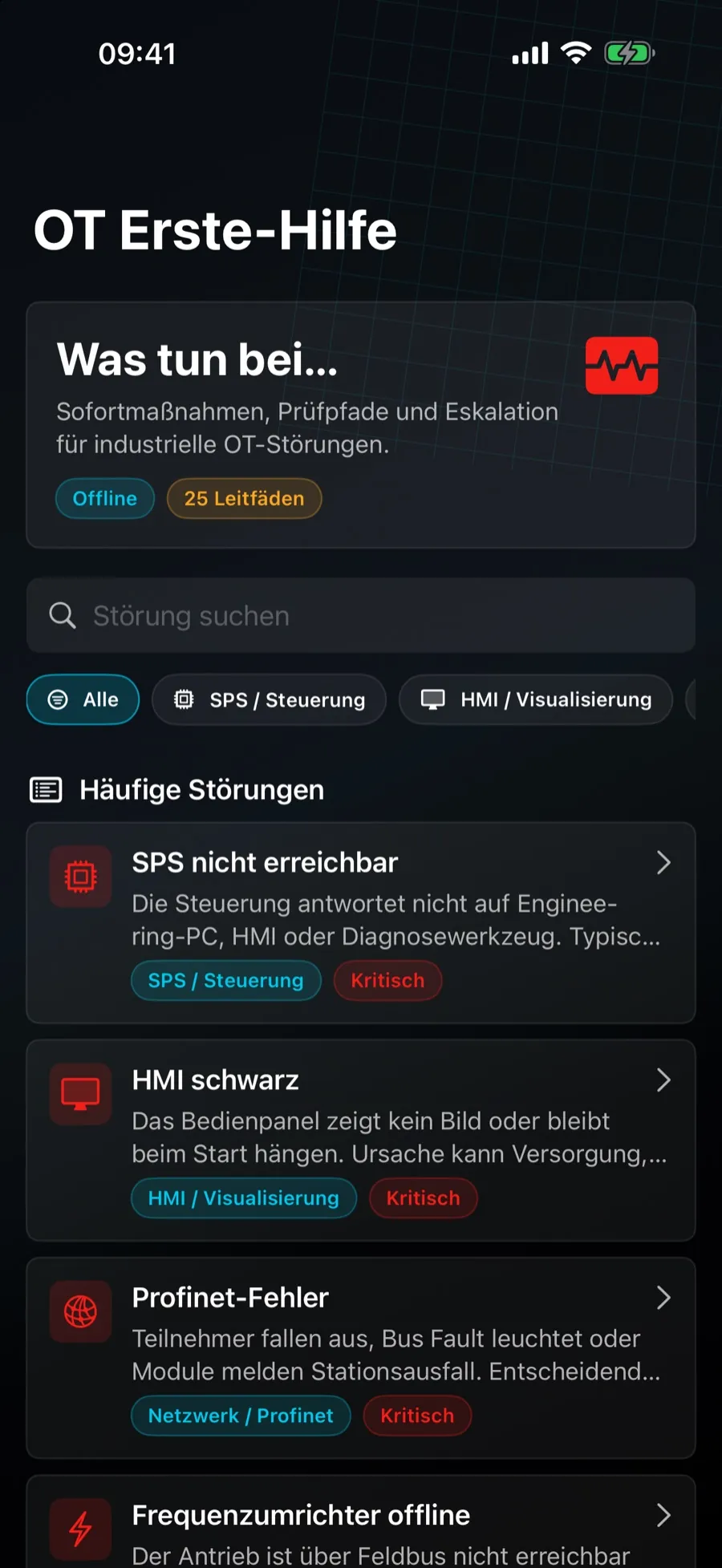 Startansicht von OT Erste-Hilfe mit Suchfeld, Filtern und häufigen Störungen wie SPS nicht erreichbar, HMI schwarz und Profinet-Fehler