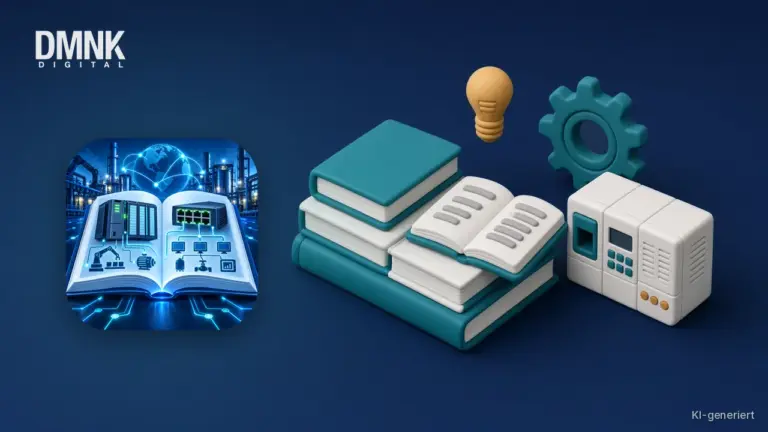 KI-generierte Illustration mit App-Icon: App-Icon des OT Lexikon auf dunkelblauem Hintergrund, daneben ein Bücherstapel, ein aufgeschlagenes Buch, ein Zahnrad, eine Glühbirne und ein SPS-Modul im weichen 3D-Stil.