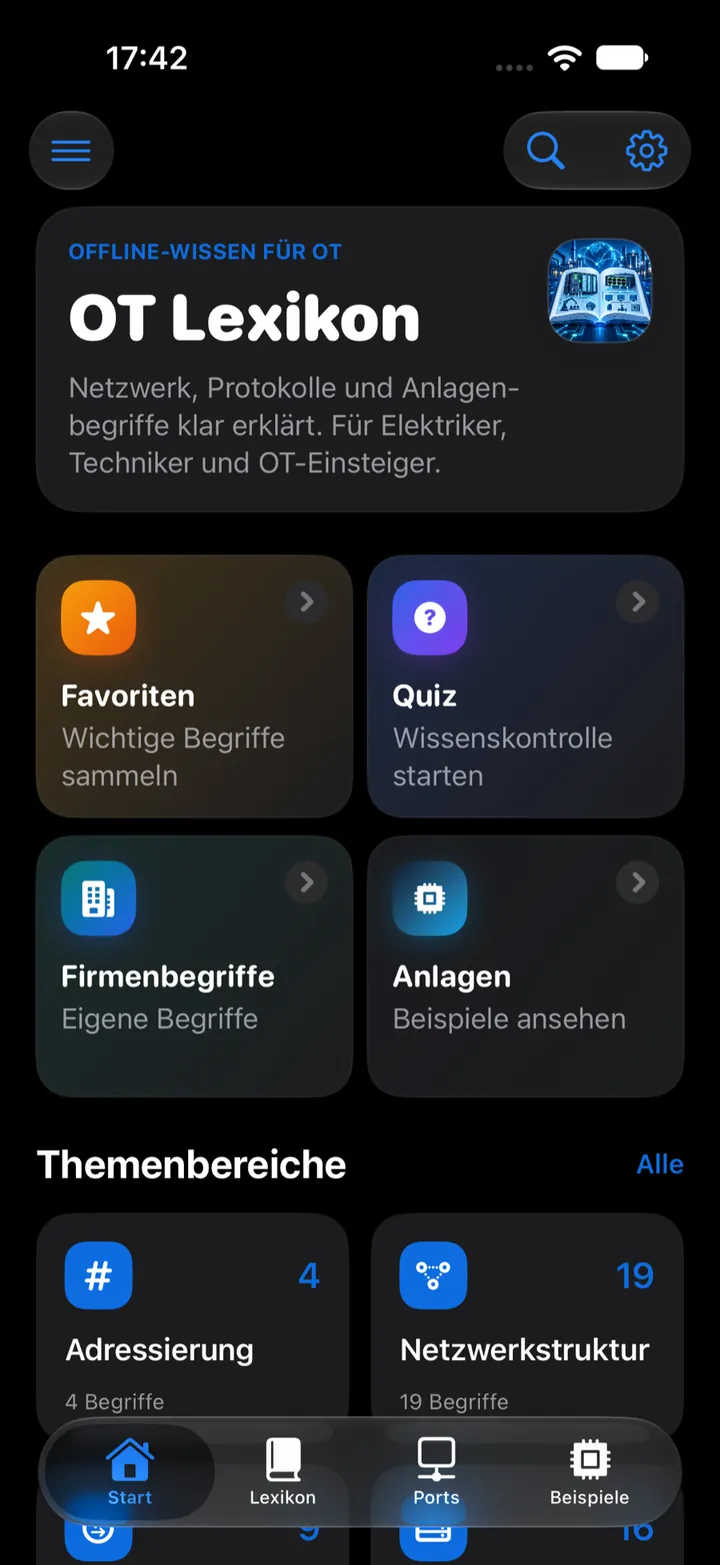 Startseite des OT Lexikon mit Kacheln für Favoriten, Quiz, Firmenbegriffe und Anlagen sowie den Themenbereichen Adressierung und Netzwerkstruktur