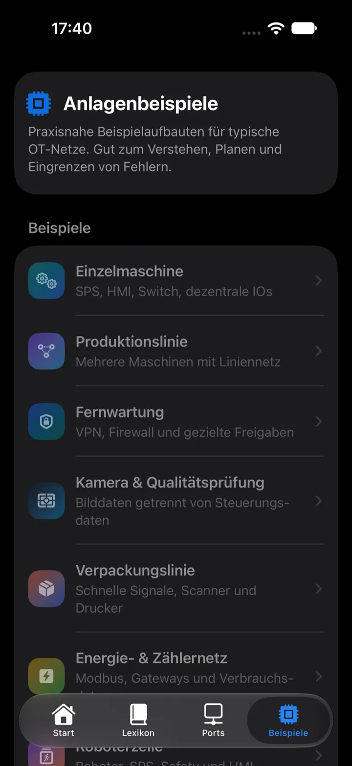 Anlagenbeispiele im OT Lexikon: Einzelmaschine, Produktionslinie, Fernwartung, Kamera und Qualitätsprüfung, Verpackungslinie sowie Energie- und Zählernetz