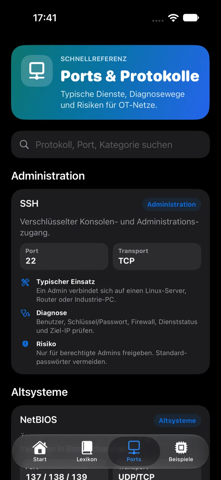 Port- und Protokollübersicht im OT Lexikon mit dem Eintrag SSH, Port 22, Transport TCP und dem typischen Einsatz für Administration