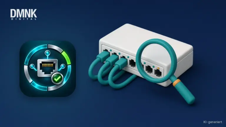 KI-generierte Illustration mit App-Icon: App-Icon des OT Port Checker auf dunkelblauem Hintergrund, daneben ein Netzwerk-Switch mit eingesteckten Patchkabeln und eine Lupe über den Ports im weichen 3D-Stil.