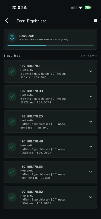 Ergebnisliste eines Bereichsscans im OT Port Checker mit mehreren aktiven Hosts und der Zahl offener und geschlossener Ports