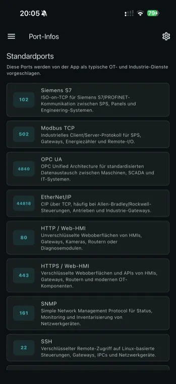 Port-Infos im OT Port Checker mit Erklärungen zu Siemens S7, Modbus TCP, OPC UA, EtherNet/IP, HTTP, HTTPS, SNMP und SSH