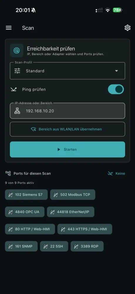 OT Port Checker: Scan-Maske mit Profil Standard, eingeschalteter Ping-Prüfung und den neun Standardports von Siemens S7 bis RDP