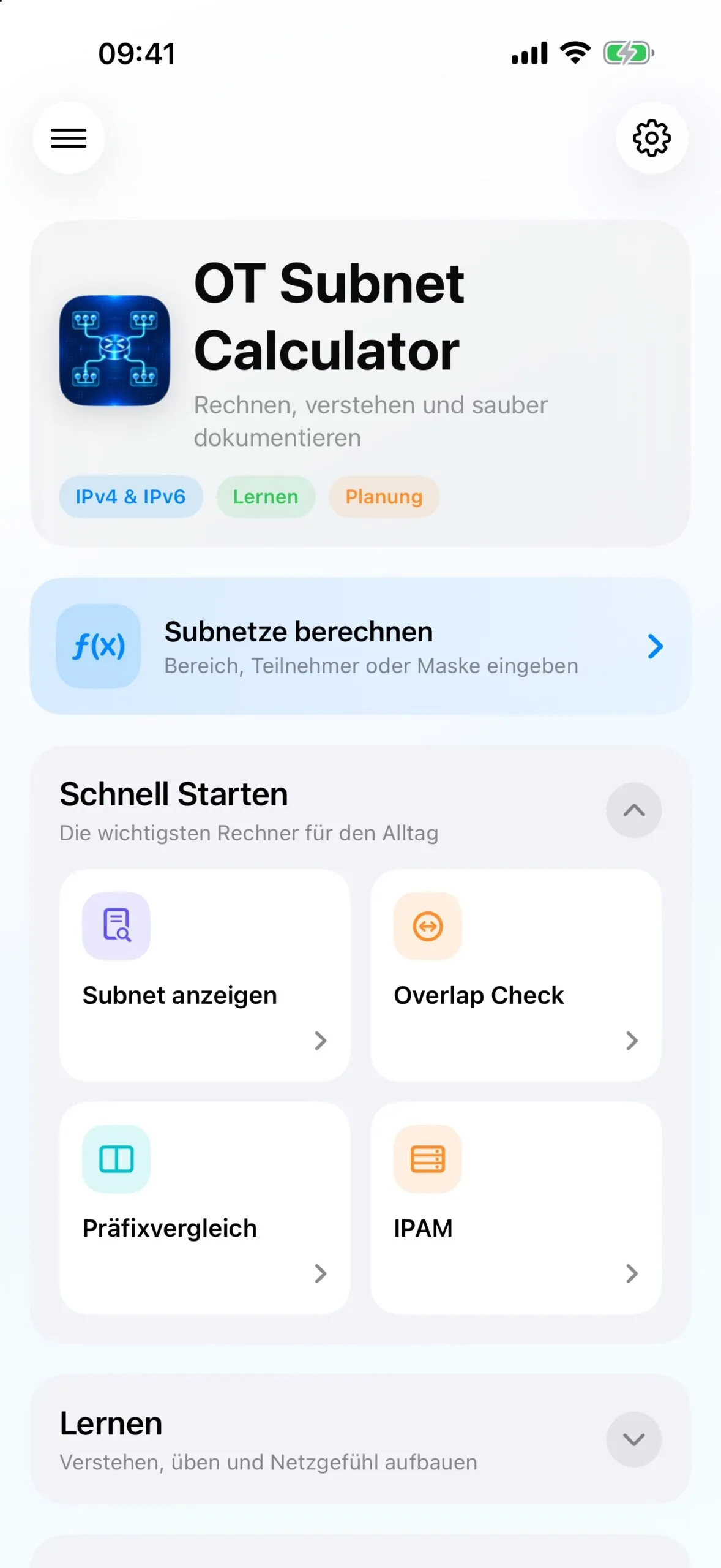 Startseite des OT Subnet Calculator mit Schnellstart zu Subnetz anzeigen, Overlap Check, Präfixvergleich und IPAM