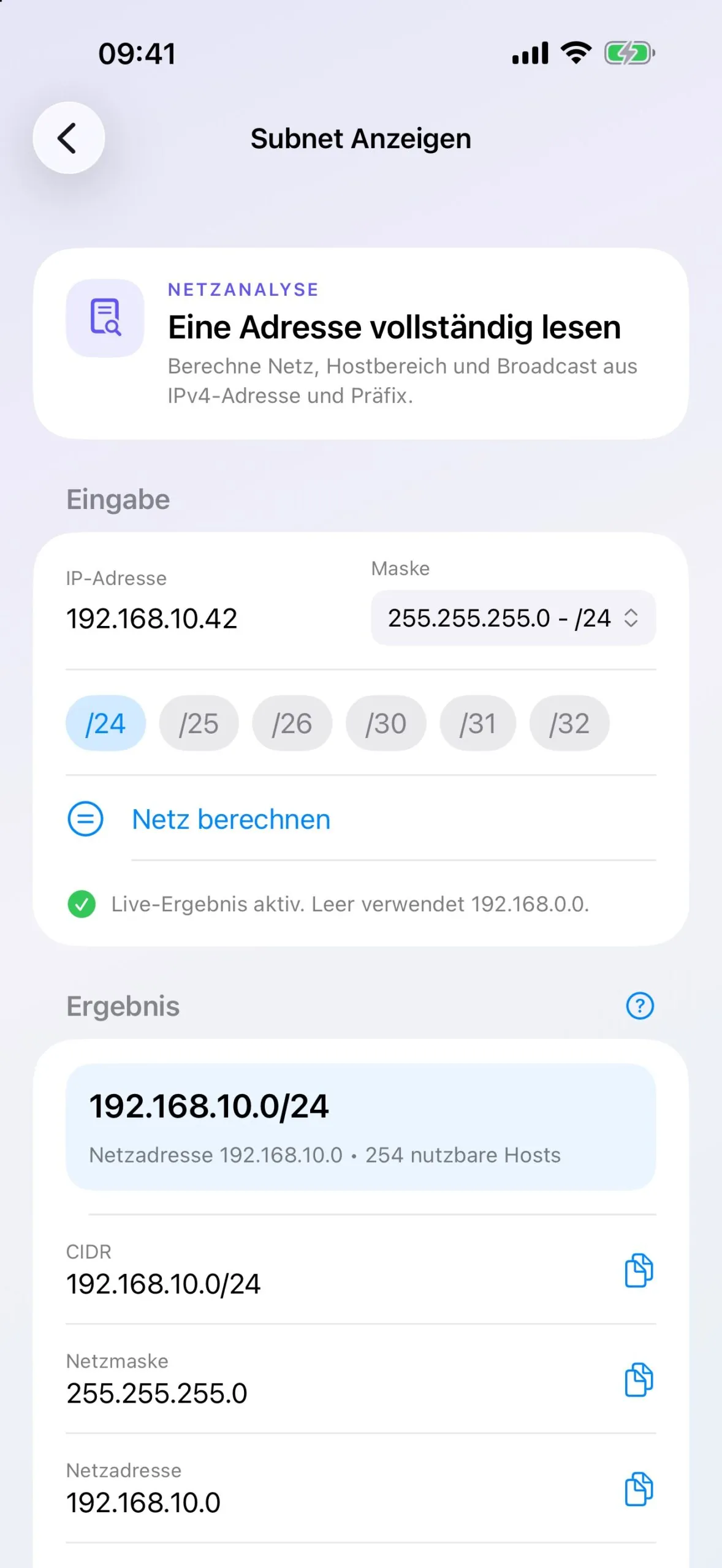 Ansicht Subnetz anzeigen im OT Subnet Calculator mit IP-Adresse, Maske und Präfixauswahl sowie dem berechneten Netz mit Netzadresse und Netzmaske