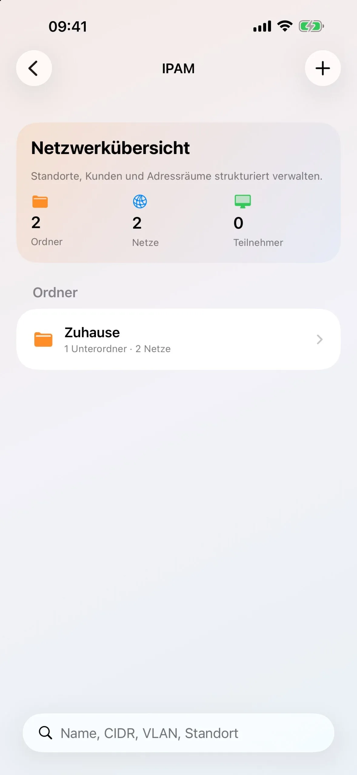 IPAM-Netzwerkübersicht im OT Subnet Calculator mit Zählern für Ordner, Netze und Teilnehmer und einer Ordnerliste