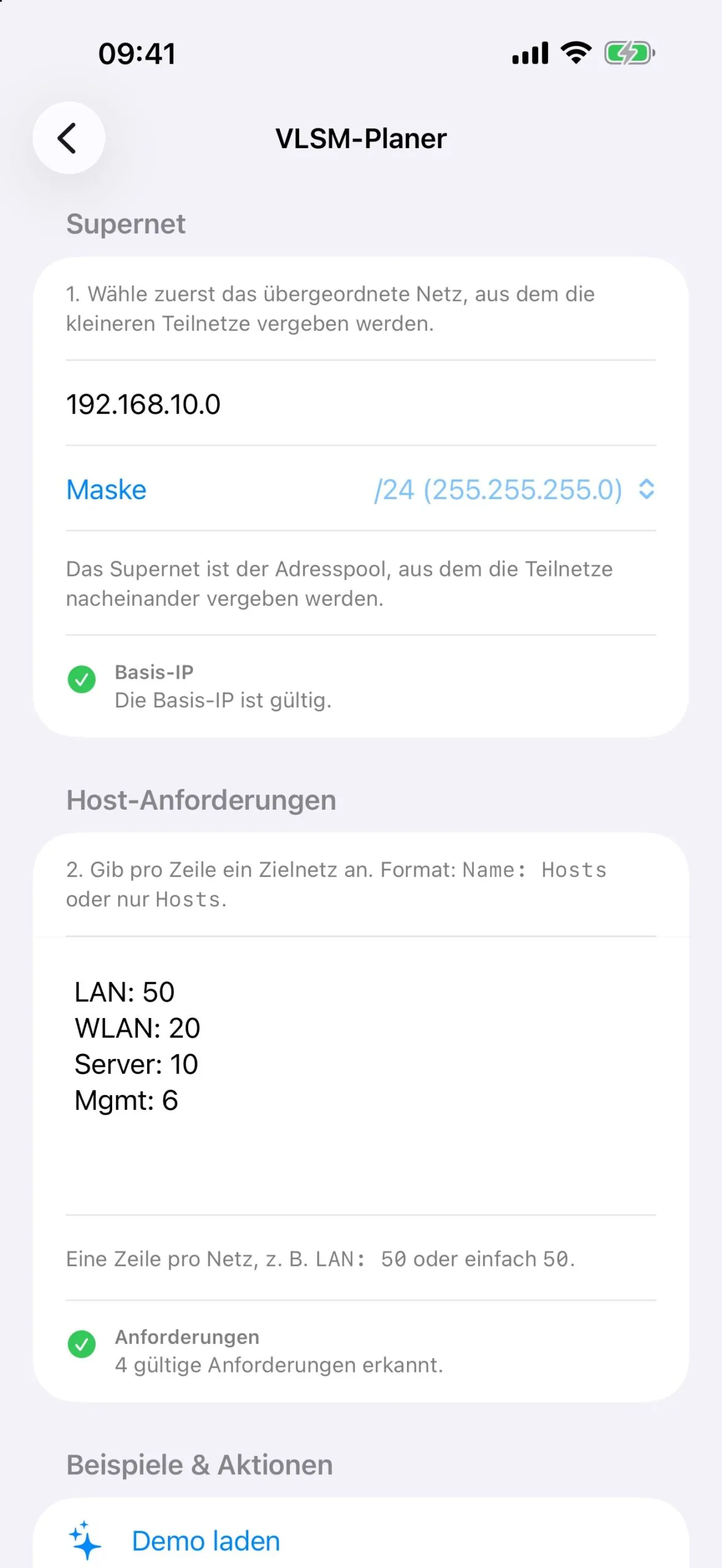 VLSM-Planer im OT Subnet Calculator mit Supernet und Maske sowie Host-Anforderungen im Format Name: Hosts, eine Zeile pro Netz