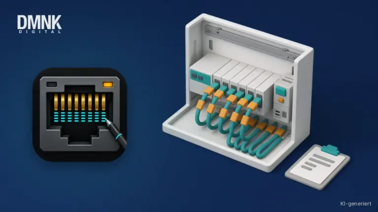 KI-generierte Illustration mit App-Icon: App-Icon von OT SwitchPort auf dunkelblauem Hintergrund, daneben ein offener Schaltschrank mit Hutschienen-Modulen und beschrifteten Patchkabeln ohne lesbaren Text sowie ein Klemmbrett im weichen 3D-Stil.