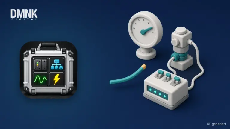 KI-generierte Illustration mit App-Icon: App-Icon der OT Toolbox auf dunkelblauem Hintergrund, daneben ein Zeigermessgerät, ein Drucksensor mit Kabel und ein kleines SPS-Modul im weichen 3D-Stil.