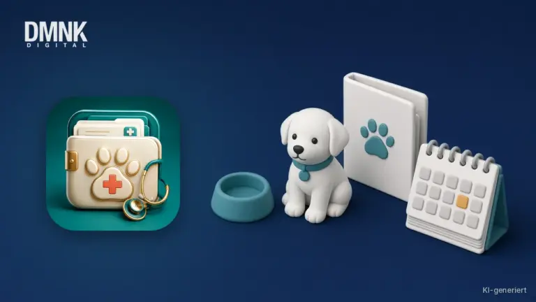 KI-generierte Illustration mit App-Icon: App-Icon von Petkeeply auf dunkelblauem Hintergrund, daneben ein kleiner Hund aus Knete, ein Futternapf, eine Mappe mit Pfotenabdruck und ein Kalender im weichen 3D-Stil.
