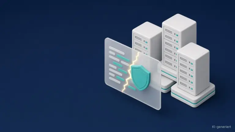 KI-generierte Illustration: Abstrakte Server-Racks mit einem leuchtenden Riss in einer Code-Schicht, der von einem teal leuchtenden Schutzschild geschlossen wird.