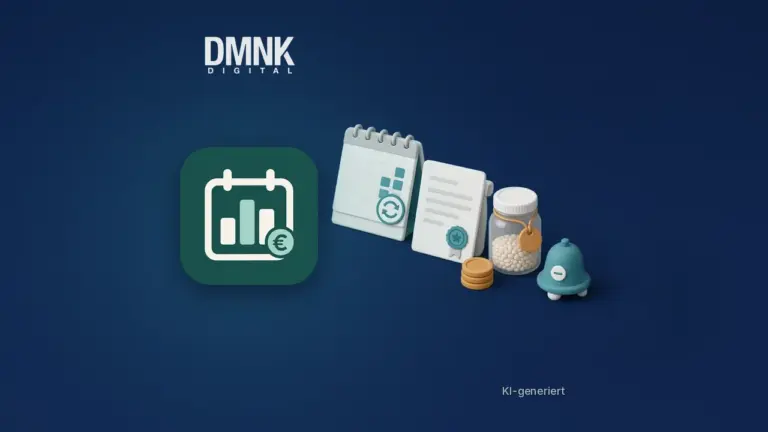 KI-generiertes Titelbild: App-Icon von Plan & Save vor dunkelblauem Hintergrund mit 3D-Motiv aus Kalender mit Wiederholungssymbol, Vertragsdokument, Vorratsglas mit Datumsanhänger, Münzstapel und Erinnerungsglocke.