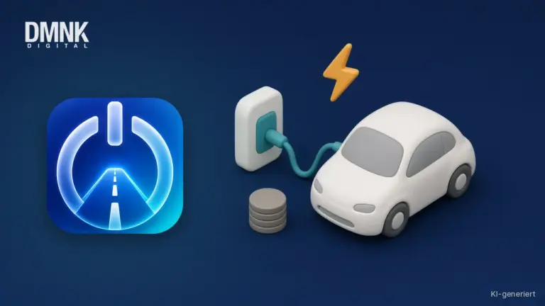 KI-generierte Illustration mit App-Icon: App-Icon von StromStart auf dunkelblauem Hintergrund, daneben ein kleines Elektroauto an einer Wandladestation, ein Blitzsymbol und ein Münzstapel im weichen 3D-Stil.