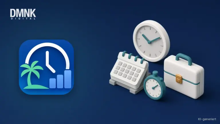 KI-generierte Illustration mit App-Icon: App-Icon von Stundenarchiv auf dunkelblauem Hintergrund, daneben eine Wanduhr, eine Stoppuhr, ein Kalender und eine Aktentasche im weichen 3D-Stil.