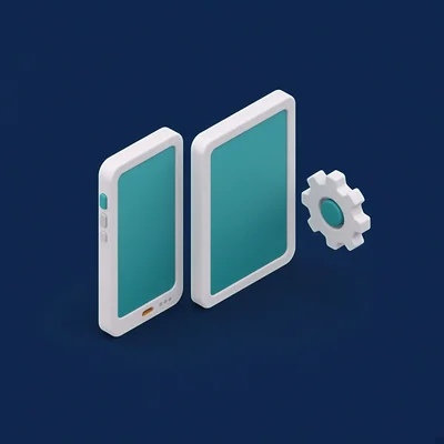 KI-generierte Illustration: Smartphone und Tablet nebeneinander mit einem Einstellungs-Zahnrad.