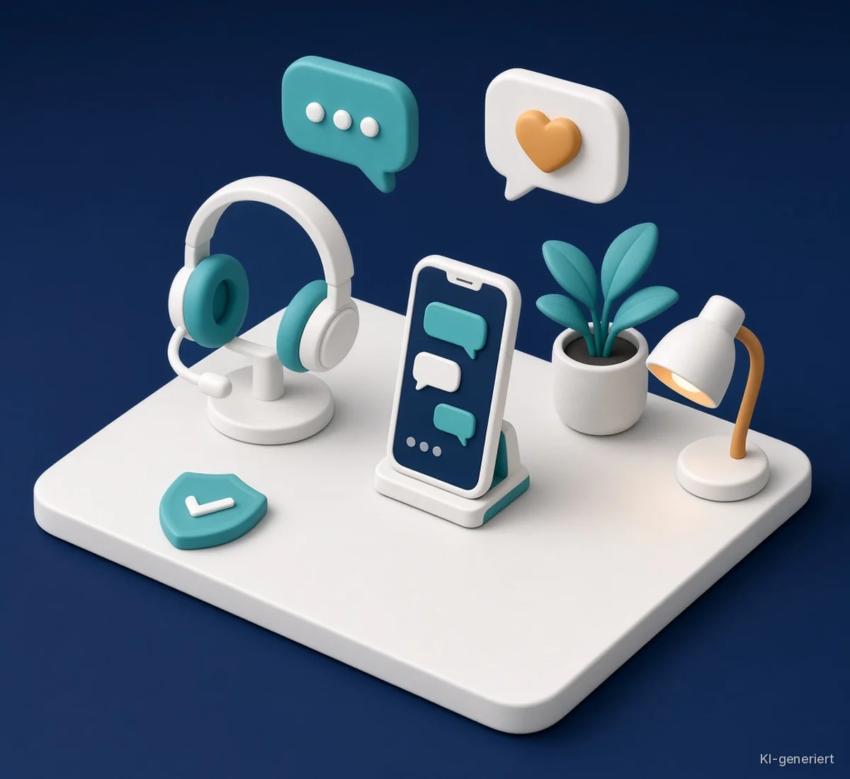 KI-generierte Illustration: Freundlicher Hilfe-Schreibtisch im Clay-Stil mit Headset, Smartphone mit Chat-Blasen, schwebenden Sprechblasen mit Herz und Punkten, Schutzschild mit Haken, Pflanze und Lampe.