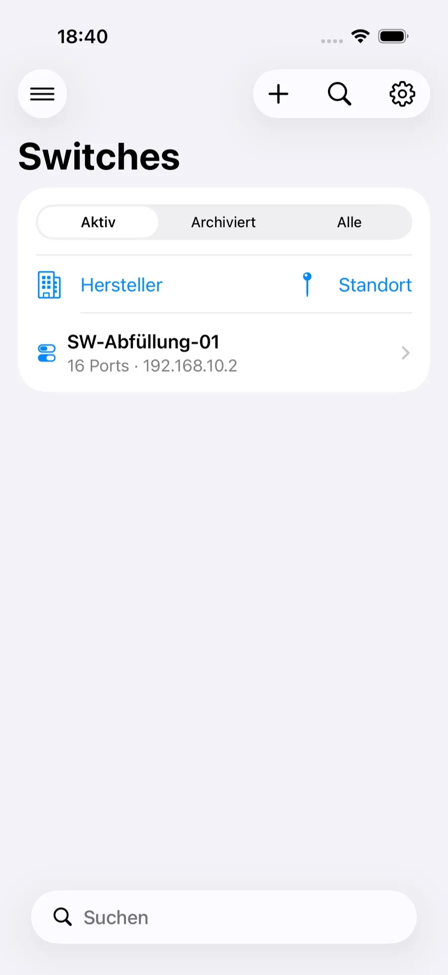 Switch-Liste in OT SwitchPort mit SW-Abfüllung-01, 16 Ports, Filtern nach Hersteller und Standort sowie den Reitern Aktiv, Archiviert und Alle