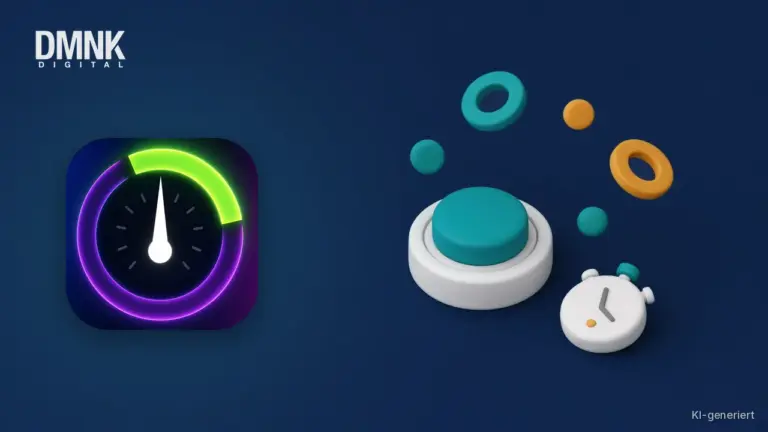 KI-generierte Illustration mit App-Icon: App-Icon von Tap the Circle auf dunkelblauem Hintergrund, daneben ein großer runder Buzzer-Knopf, schwebende Ringe und Kreise und eine Stoppuhr im weichen 3D-Stil.