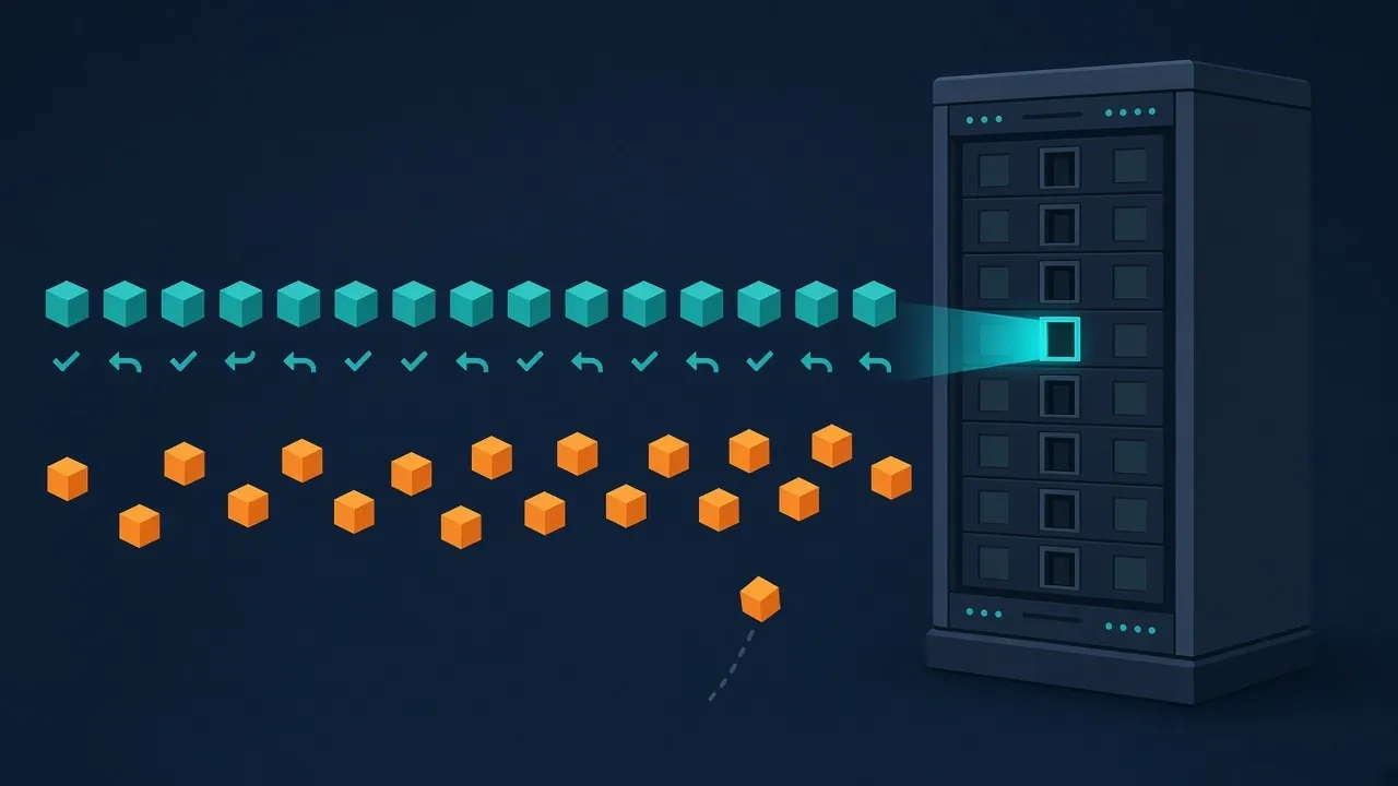 Illustration: Zwei Datenströme laufen auf Port-Tore eines Servers zu – oben geordnete Pakete mit Bestätigungen, unten lose Pakete ohne Rückmeldung – Symbol für TCP und UDP