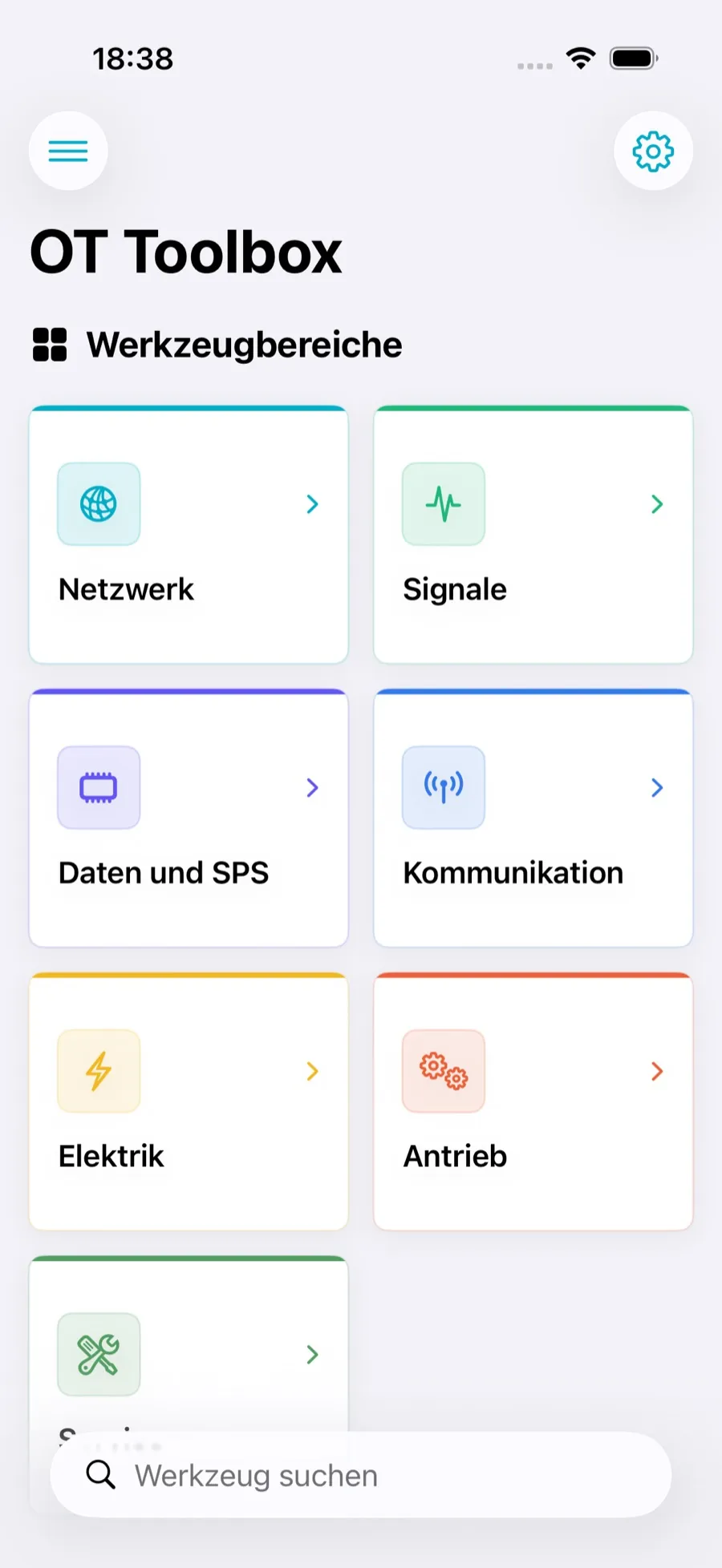 Startseite der OT Toolbox mit den Werkzeugbereichen Netzwerk, Signale, Daten und SPS, Kommunikation, Elektrik und Antrieb