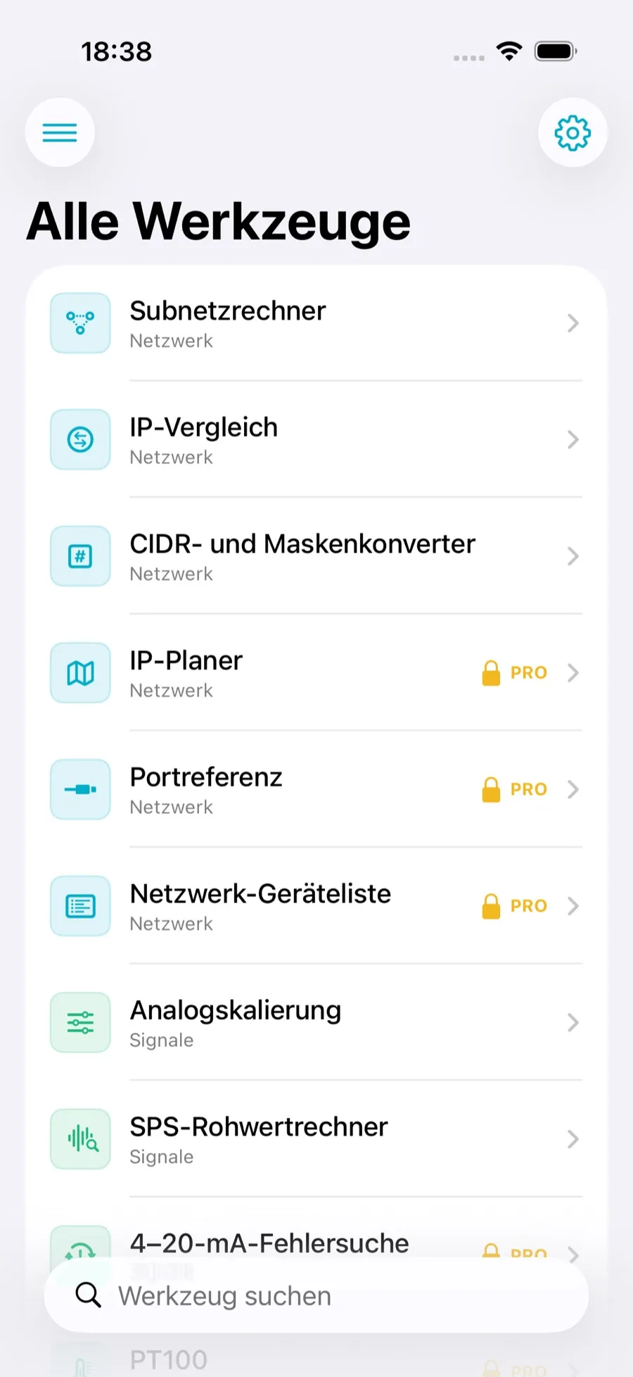 Werkzeugliste der OT Toolbox mit Subnetzrechner, IP-Vergleich, Masken-Konverter, Analogskalierung und SPS-Rohwertrechner; einige Einträge tragen ein Pro-Schloss