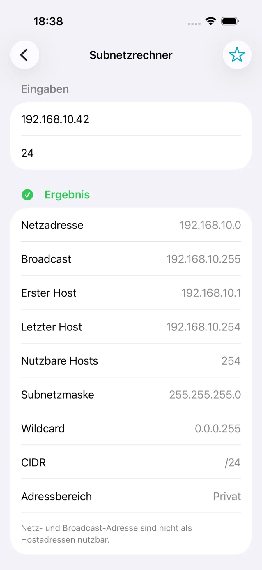 Subnetzrechner der OT Toolbox mit Eingabe 192.168.10.42 und Präfix 24 sowie Netzadresse, Broadcast, Hostbereich, Wildcard und Adressbereich als Ergebnis