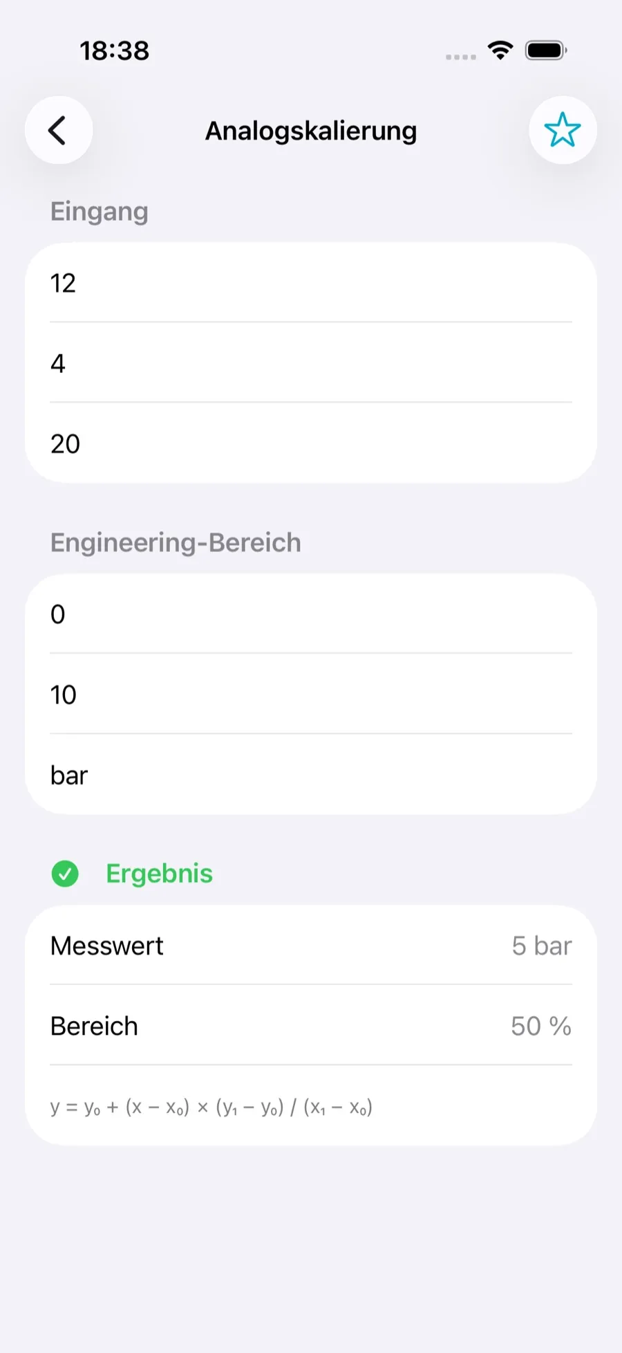 Analogskalierung in der OT Toolbox: Eingang 4 bis 20 mA mit Wert 12, technischer Bereich 0 bis 10 bar, Ergebnis 5 bar und 50 Prozent