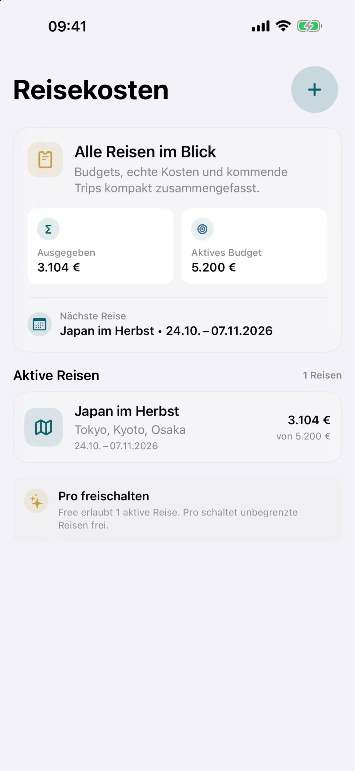 Reisebuch Übersicht mit Reisebudget und aktiven Reisen