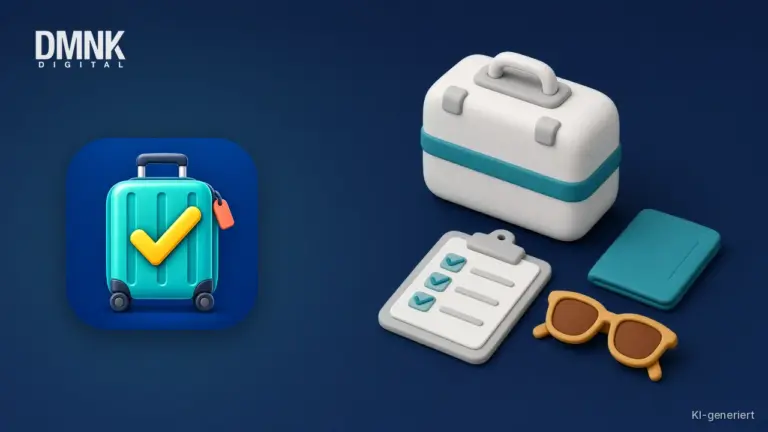 KI-generierte Illustration mit App-Icon: App-Icon von TripBag auf dunkelblauem Hintergrund, daneben ein Koffer, eine abgehakte Packliste auf einem Klemmbrett, ein Reisepass-Heft ohne Aufdruck und eine Sonnenbrille im weichen 3D-Stil.