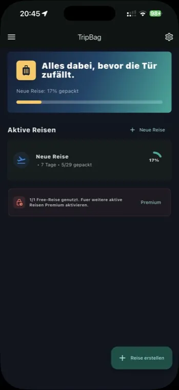 TripBag-Reisecheck mit Checkpunkten vor der Abreise wie Dokumente prüfen und Fenster schließen