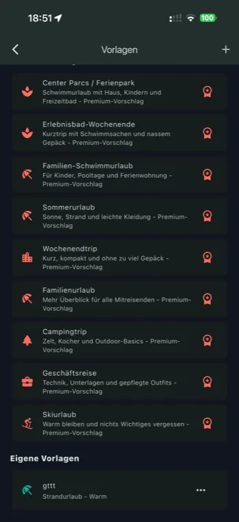 TripBag-Packliste mit Kategorien Dokumente und Kleidung sowie Mengen pro Person
