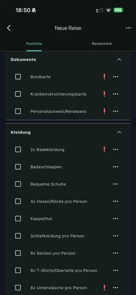 TripBag-Startseite mit einer aktiven Reise über sieben Tage und Packfortschritt von 17 Prozent