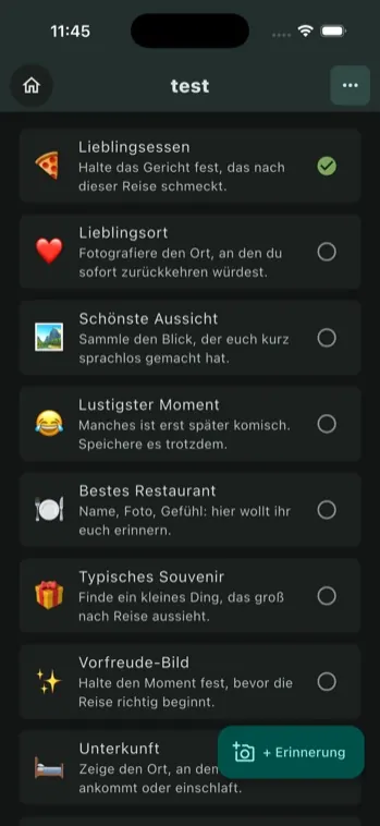 TripMission-Tagebuch pro Reisetag mit Aufforderung, den Moment des Tages festzuhalten