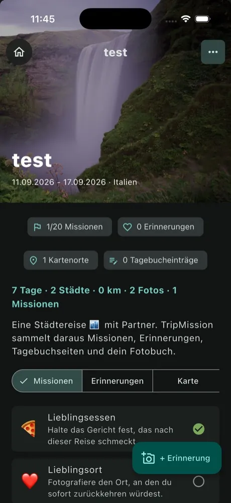 TripMission-Missionsliste mit Aufgaben wie Lieblingsessen, Schönste Aussicht und Typisches Souvenir