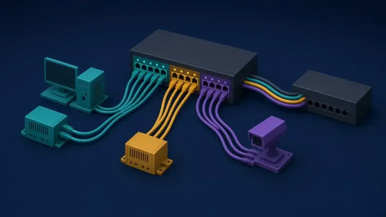 Illustration: Ein Switch, dessen Ports in drei farbig getrennten Gruppen leuchten und zu passenden Geräten führen, dazu ein Trunk-Kabel mit allen drei Farben – Symbol für VLANs