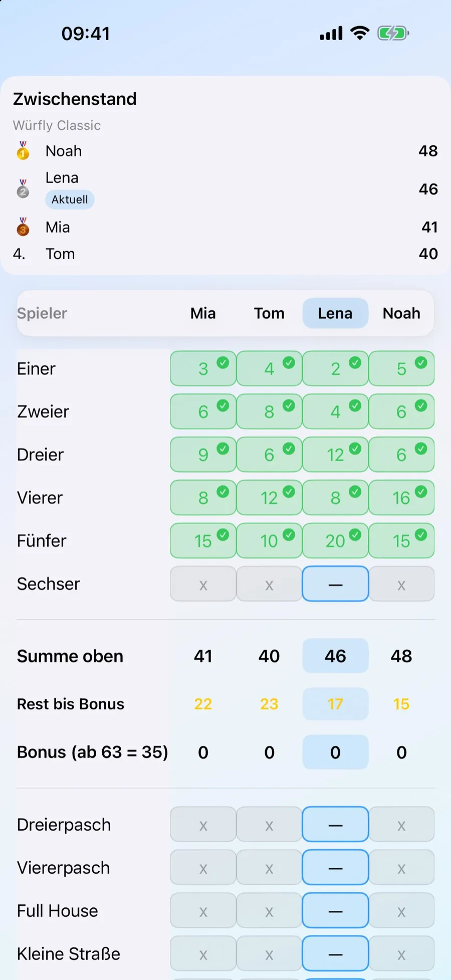 Würfly App mit digitalem Spielstand während einer Würfelrunde