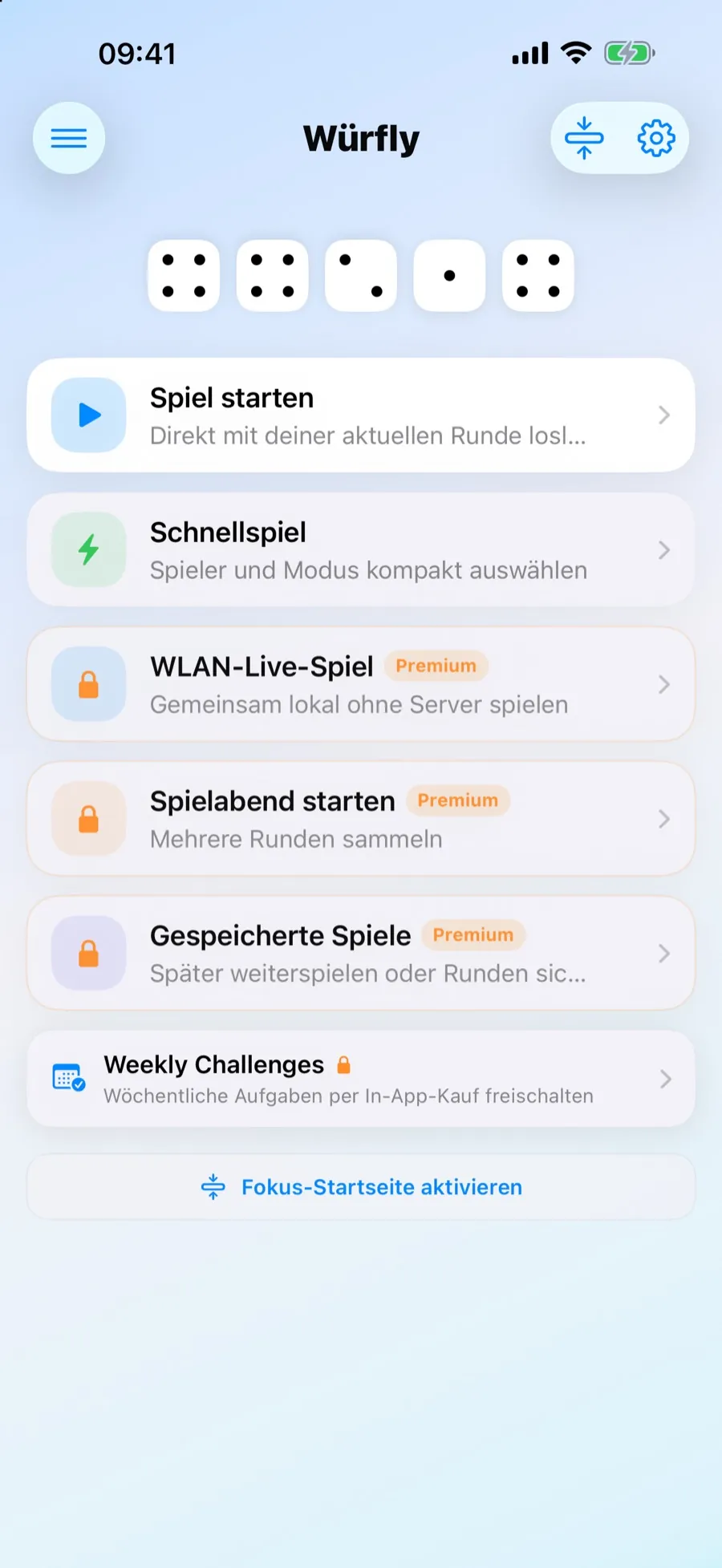 Startseite der Würfly App für eine neue Würfelrunde