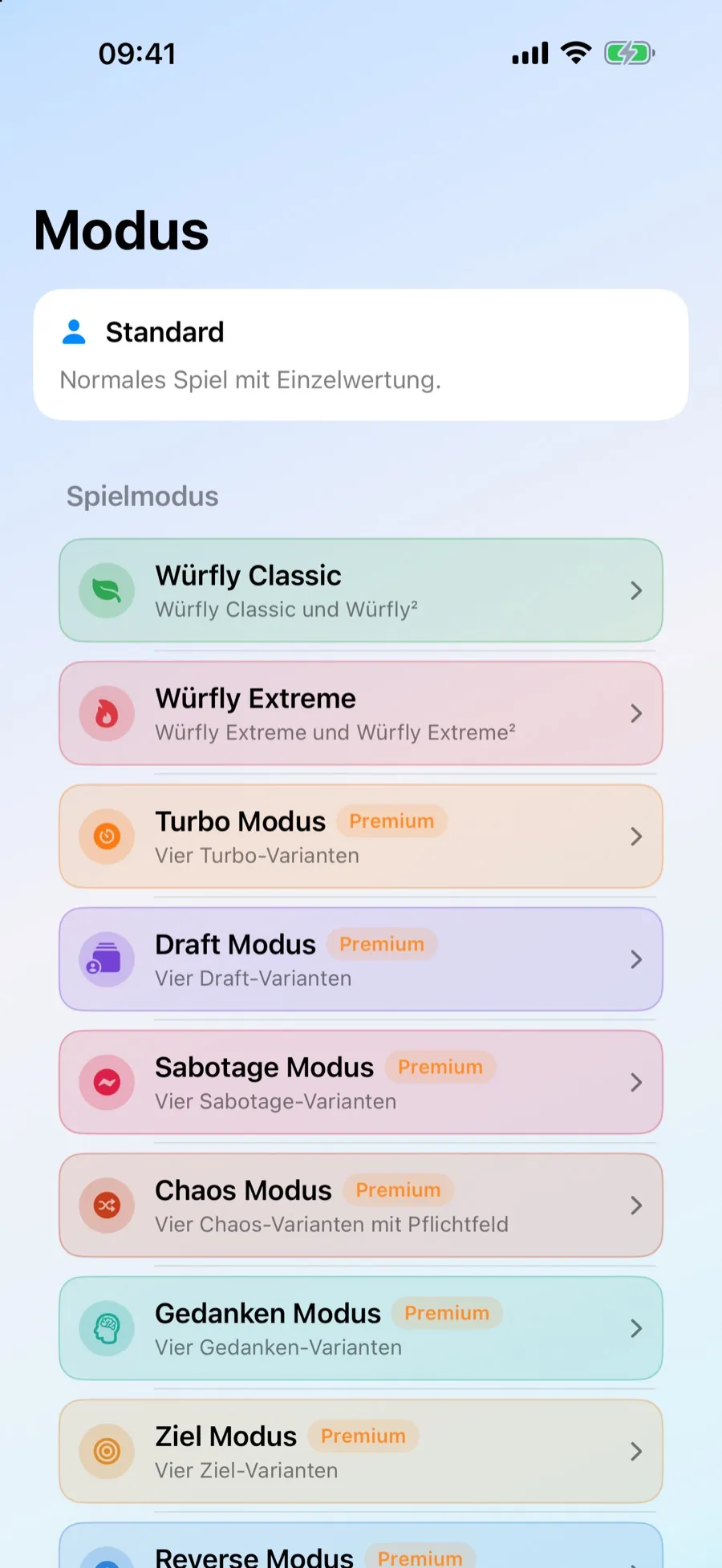 Auswahl verschiedener Spielmodi in der Würfly App