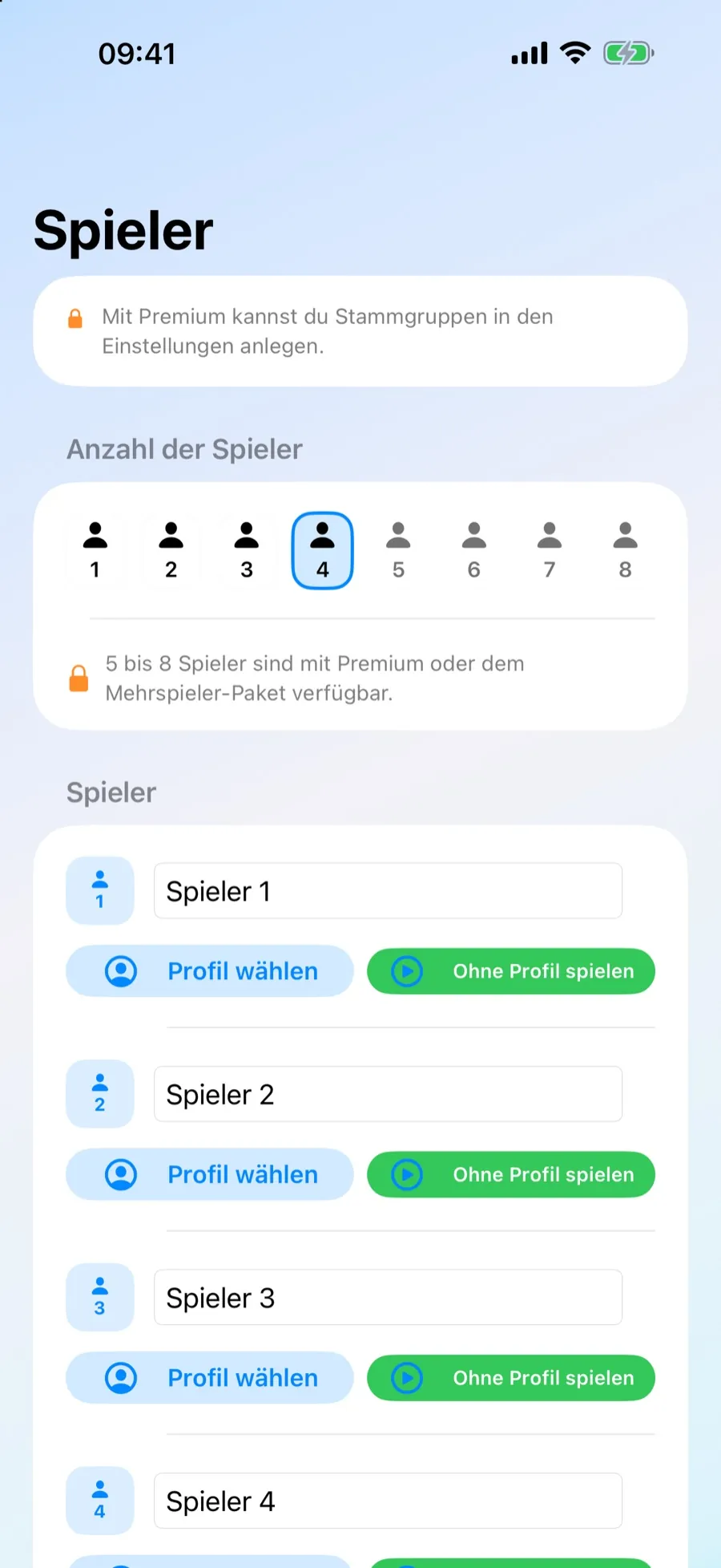 Spielerauswahl und Spielerprofile in Würfly