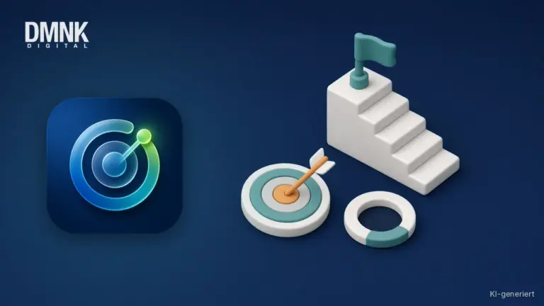 KI-generierte Illustration mit App-Icon: App-Icon von ZielTracker auf dunkelblauem Hintergrund, daneben eine Zielscheibe mit Pfeil im Zentrum, eine Treppe mit Fahne und ein Fortschrittsring im weichen 3D-Stil.